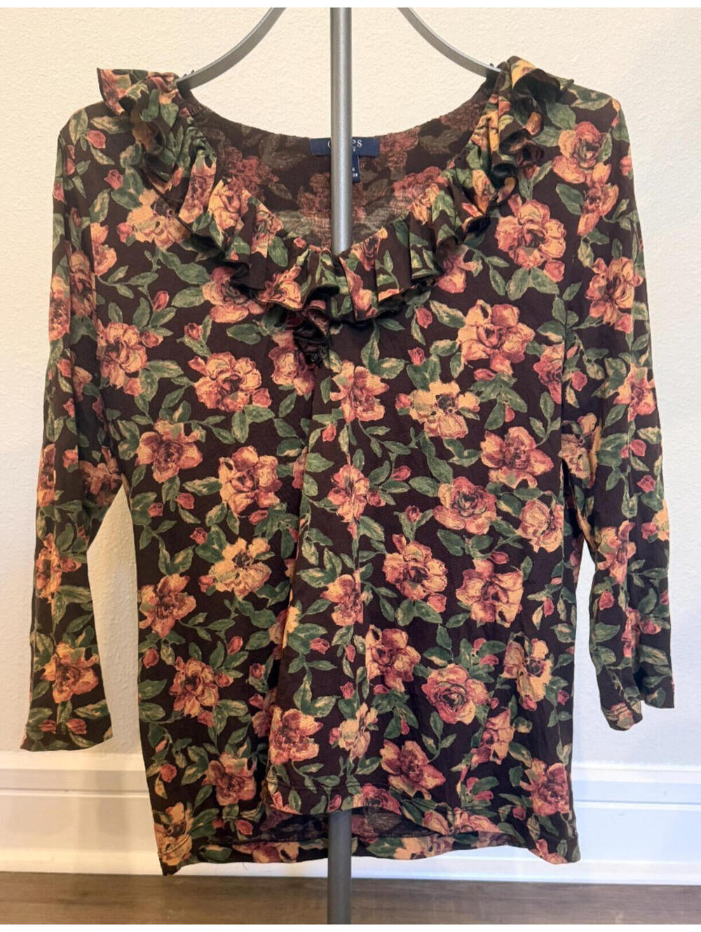 CHAPS Floral Long Sleeve V-Neck Top, Size Women's Medium
